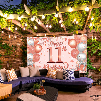 KatchOn, Rose Gold Happy 11th Birthday Banner - Large, 72 x 44 Inch | Rose Gold Happy 11th Birthday Backdrop for Girls | Happy 11th Birthday Decorations for Girls | 11 Year Old Birthday Decorations