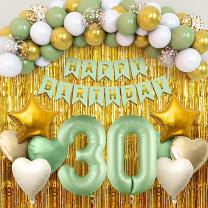 KatchOn | Sage Green 30th Birthday Decorations Set – Pack of 49 | Sage Green 30 Balloon Numbers, Star, Heart & Confetti Balloons, Gold Backdrop | 30th Sage Green Birthday Decorations for Women, Men