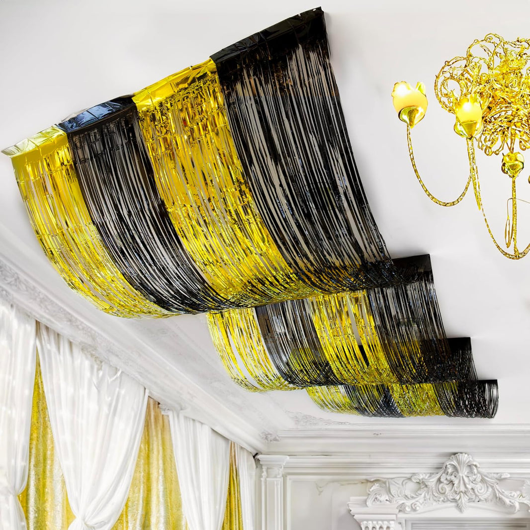 KatchOn, Black and Gold Ceiling Decorations - 4x15 Feet | Gold and Black Ceiling Fringe For Graduation Decorations 2025 | Streamers for Birthday, Bachelorette Decor | Retirement Party Decorations