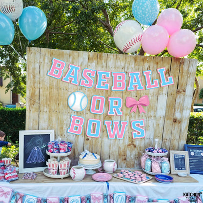 KatchOn, XtraLarge Baseball or Bows Gender Reveal Banner - 10 Feet | Blue Pink Baseball or Bows Banner, Baseball or Bows Gender Reveal Decorations | Baseball or Bows Backdrop, Baby Shower Decorations