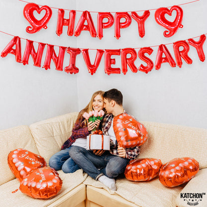 KatchOn 18 Inch Happy Anniversary Balloons Letters - Big Red Banner for Decorations | Heart Balloons for Party