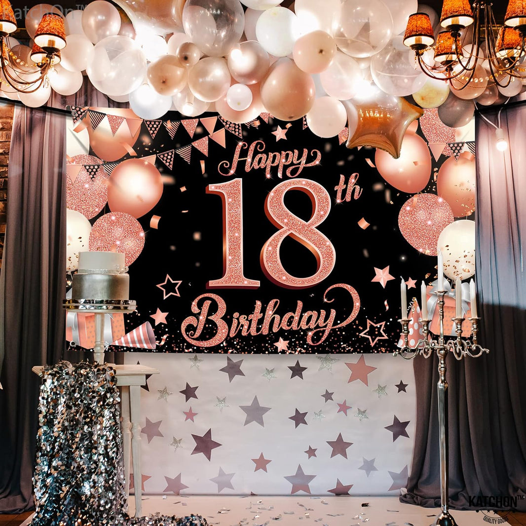 KatchOn Rose Gold Happy 18th Birthday Banner - Large, 72x44 Inch | Rose Gold and Black 18th Birthday Decorations for Girls, Pink Happy 18th Birthday Backdrop, Happy 18 Birthday Decorations for Women