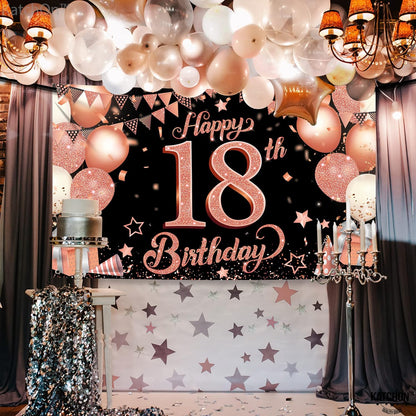 KatchOn Rose Gold Happy 18th Birthday Banner - Large, 72x44 Inch | Rose Gold and Black 18th Birthday Decorations for Girls, Pink Happy 18th Birthday Backdrop, Happy 18 Birthday Decorations for Women