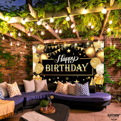 KatchOn, Happy Birthday Banner Black and Gold - Large 72x44 Inch | Happy Birthday Decorations for Men and Women | Black and Gold Birthday Backdrop | Birthday Party Decorations for Men & Women