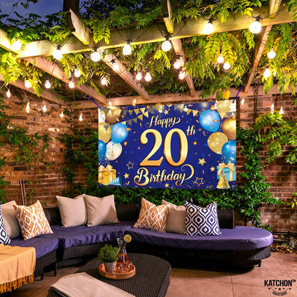 KatchOn, Blue and Gold 20th Happy Birthday Banner - 72x44 Inch | 20th Birthday Backdrop, 20th Birthday Decorations for Men | 20 Year Old Birthday Decorations | 20th Blue and Gold Birth day Decorations