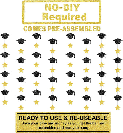 KatchOn, Glitter Graduation Cap Garland, 10 Feet - 8 String, No DIY | Black and Gold Graduation Decorations 2026 | Graduation Garland, Graduation Cap Decorations for 2026 Graduation Decorations