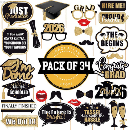 Graduation Decorations 2026 | Glitter Graduation Photo Props 2026 - Pack of 34 | Black and Gold Photo Props | Grad Photo Props for Congrats Grad Decorations | Graduation Party Decoration, KatchOn