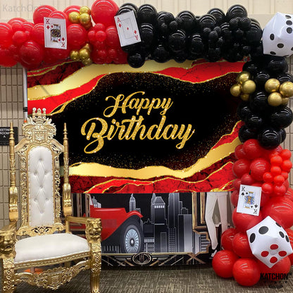 KatchOn, Large Black and Red Happy Birthday Banner - 72x44 Inch | Backdrop Banner for Red and Black Happy Birthday Decorations | Casino Theme Party Decorations