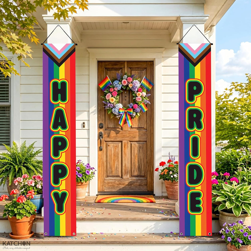 KatchOn, Happy Pride Door Banner - 71x12 Inch | Happy Pride Sign for Front Door Decor, Pride Decorations | Pride Month Decorations, Door Cover for Rainbow Party Decorations, LGBT Decoration, Gay Outdoor Decor