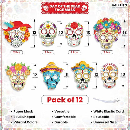 KatchOn, Halloween Face Mask, Pack of 12 | Halloween Party Supplies, Dia De Los Muertos Decorations | Sugar Skull Mask for Day of the Dead Party Decorations | Sugar Skull Decor Dia De Los Muertos Mask