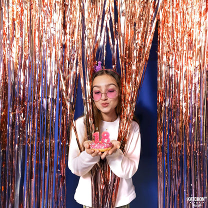 KatchOn, Rose Gold Fringe Curtain - XtraLarge 9.6x8 Feet, Pack of 3 | Rose Gold Backdrop for Birthday Party | Rose Gold Party Decorations | Rose Gold Tinsel Backdrop for Bachelorette Party Decorations