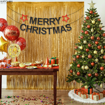 KatchOn, XtraLarge Champagne Gold Backdrop - 3.2x8 Feet, Pack of 2 | Gold Shimmer Wall Backdrop for Birthday Wall Decorations | Gold Fringe Backdrop for Golden Birthday Party Decorations