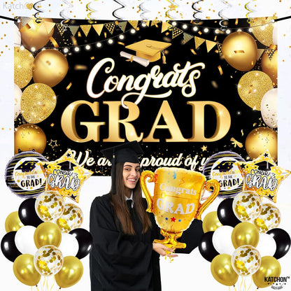 KatchOn, Graduation Decorations 2026 Set - Large, Pack of 49 | Black and Gold Congrats Grad Banner, Graduation Balloons | Graduation Backdrop, Black and Gold 2026 Graduation Decorations