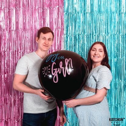 KatchOn, Large Pink and Blue Foil Fringe - 3.25x8 Feet, Pack of 2 | Girl or Boy Gender Reveal Decorations | Gender Reveal Backdrop | Gender Reveal Party Favors | Boy or Girl Backdrop