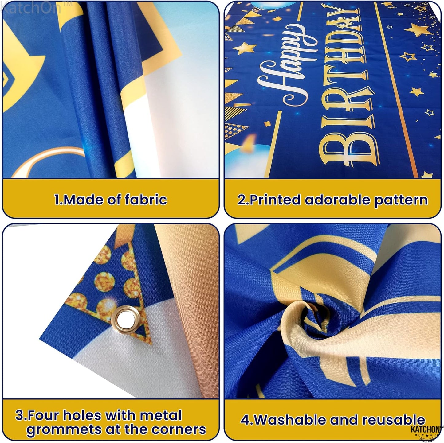 KatchOn, XtraLarge Gold and Blue Happy Birthday Banner - 72x44 Inch | Happy Birthday Backdrop for Happy Birthday Decorations | Blue and Gold Birthday Backdrop for Boys | Blue Birthday Banner for Men