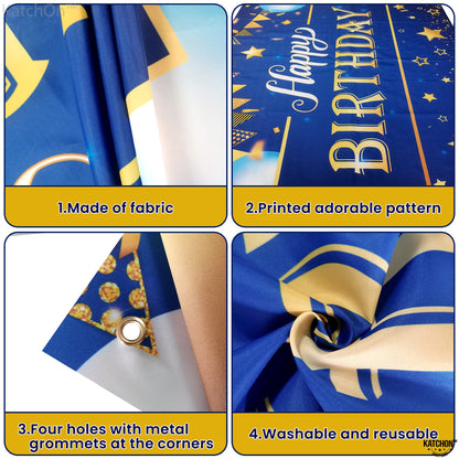 KatchOn, XtraLarge Gold and Blue Happy Birthday Banner - 72x44 Inch | Blue and Gold Birthday Backdrop for Happy Birthday Decorations | Party Decorations for Men and Women