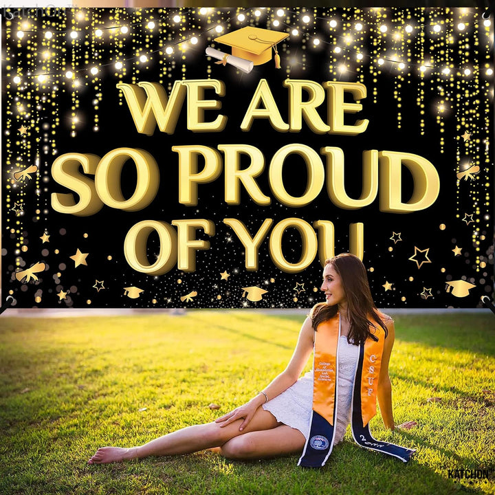 KatchOn, We are So Proud of You Banner - XtraLarge 72x44 Inch | Graduation Backdrop Black and Gold for 2024 Graduation Party Decorations | Congratulations Banner, Graduation Decorations Class of 2024
