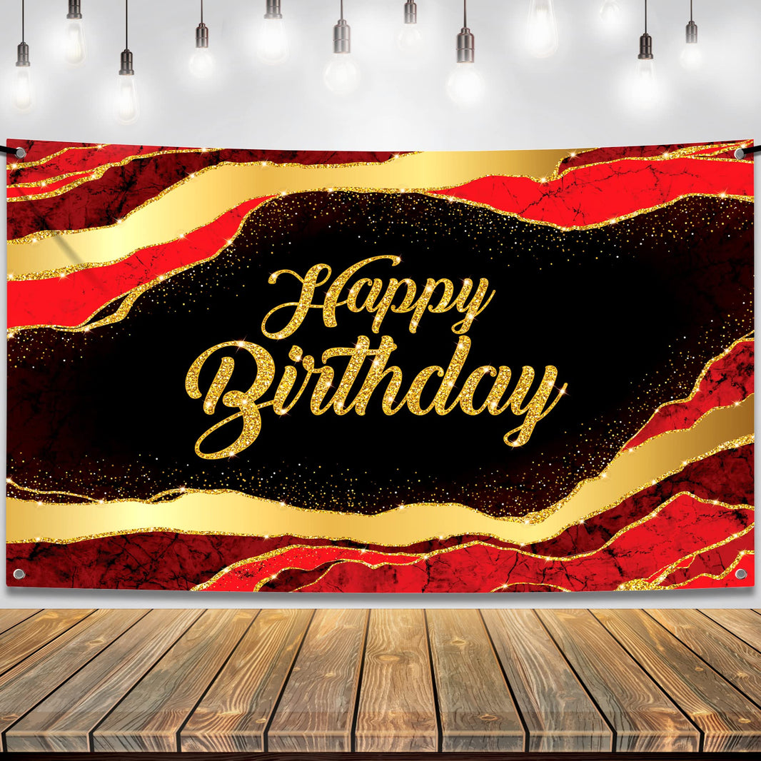KatchOn, Large Black and Red Happy Birthday Banner - 72x44 Inch | Backdrop Banner for Red and Black Happy Birthday Decorations | Casino Theme Party Decorations