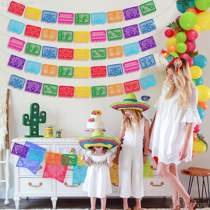 KatchOn, Xtralarge Felt Mexican Party Banner - 6 Strings, 54 Pcs 12x16 each | Dia De los Muertos Decorations, Felt Papel Picado Banner | Mexican Banners for Fiesta Party Decorations