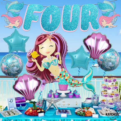 KatchOn, Big Mermaid 4th Birthday Decorations Set - Pack of 8 | Mermaid Birthday Decorations 4 Year Old Girl | Mermaid Balloons 4, 4 Year Old Birthday Decorations | 4th Birthday Decorations Girl