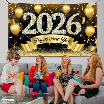 KatchOn, XtraLarge Happy New Year Banner 2026 - 72x44 Inch | New Year Backdrop for Happy New Years Decorations 2026 | Eve Banner 2026 | NYE Decorations 2026 | Indoor Outdoor Celebration Photography Background