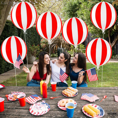 KatchOn, Carnival Balloons for Carnival Decorations - 22 Inch, Pack of 6 | Red and White Striped Balloons, 4D Striped Circus Balloons | Carnival Theme Party Decorations, Circus Theme Party Decorations