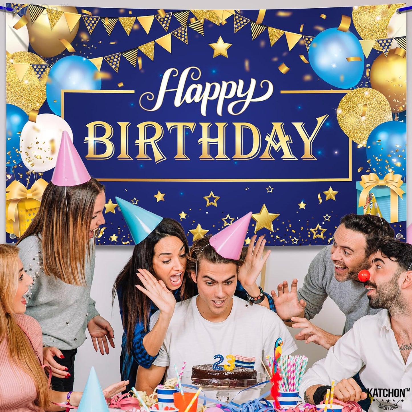 KatchOn, XtraLarge Gold and Blue Happy Birthday Banner - 72x44 Inch | Happy Birthday Backdrop for Happy Birthday Decorations | Blue and Gold Birthday Backdrop for Boys | Blue Birthday Banner for Men