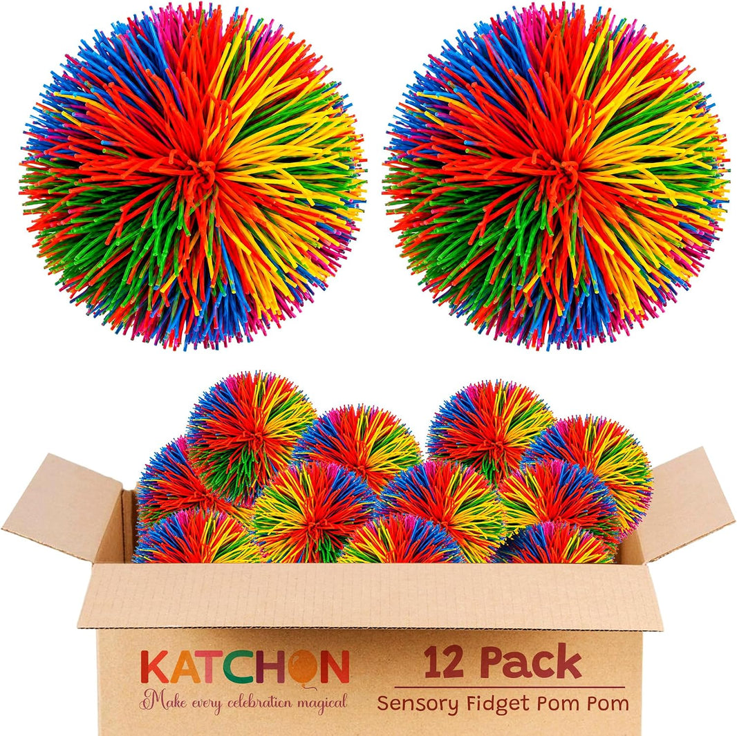 Pack of 12 Sensory Stringy Ball - 3.9 Inch Sensory Fidget Pom Pom Balls for Classroom Gifts, Soft Bouncy Stress Balls for Party Favors, String Balls Fidget Toys for Stress Relief Multicolor, KatchOn