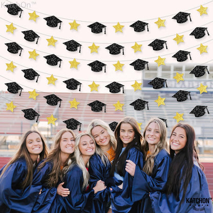Graduation Decorations 2026, Graduation Cap Garland - 10 Feet, No DIY | Grad Garland Class of 2026, Black and Gold Grad Decorations 2026 | Grad Cap Decor for 2026 Graduation Decorations - KatchOn