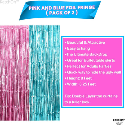 KatchOn, Large Pink and Blue Foil Fringe - 3.25x8 Feet, Pack of 2 | Girl or Boy Gender Reveal Decorations | Gender Reveal Backdrop | Gender Reveal Party Favors | Boy or Girl Backdrop