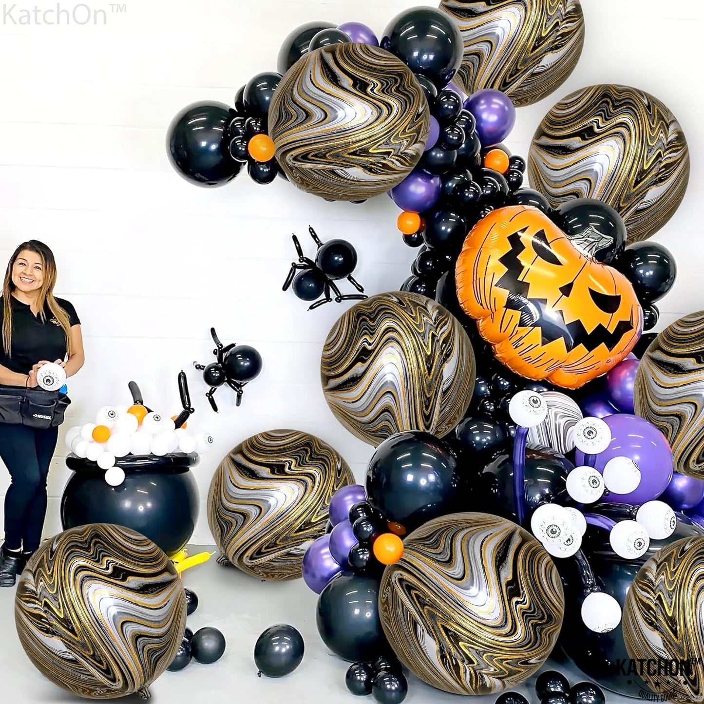 KatchOn, Big Black and Gold Marble Balloons - 22 Inch, Pack of 12, Agate Balloons | 4D Marble Black and Gold Balloons | Marble Foil Balloons, Black and Gold Party Decorations | Black Marble Balloons