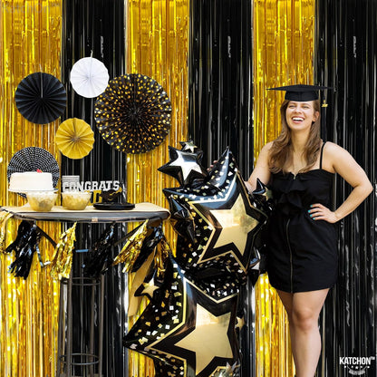 KatchOn, Xtralarge Black and Gold Streamers - 3.2x8 Ft, Pack of 2 | Gold and Black Foil Fringe Curtains for Birthday, Anniversary, Enegagment, Bachelorette Party Decorations | Halloween Decorations