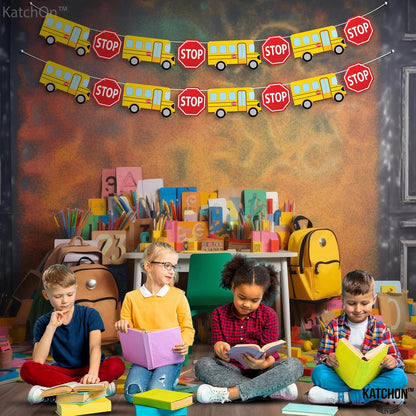 KatchOn Pre Strung Bus Back to School Banner - 10 Feet, Classroom Decor | School Bus Banner for Back to School Decorations, First Day Of School Decorations