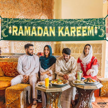 KatchOn, Ramadan Kareem Banner for Ramadan Decorations - Xtra Large 120x20 Inch | Ramadan Mubarak Banner for Ramadan Decorations Outdoor | Green and Gold Ramadan Yard Sign, Eid Decorations for Home