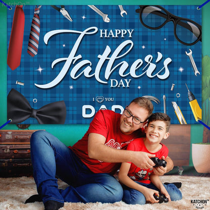 KatchOn, Blue Happy Fathers Day Banner Backdrop - XtraLarge, 72x44 Inch | Blue Happy Fathers Day Decorations for Party | Happy Father's Day Backdrop for Party | I Love You Dad Banner