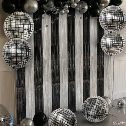 KatchOn, Disco Party Decorations Set - Huge, Pack of 8 | 4D Disco Ball Balloons, Black and Silver Fringe Backdrop Curtain for Bachelorette Party Decorations, New Year, Birthday, Wedding, Anniversary