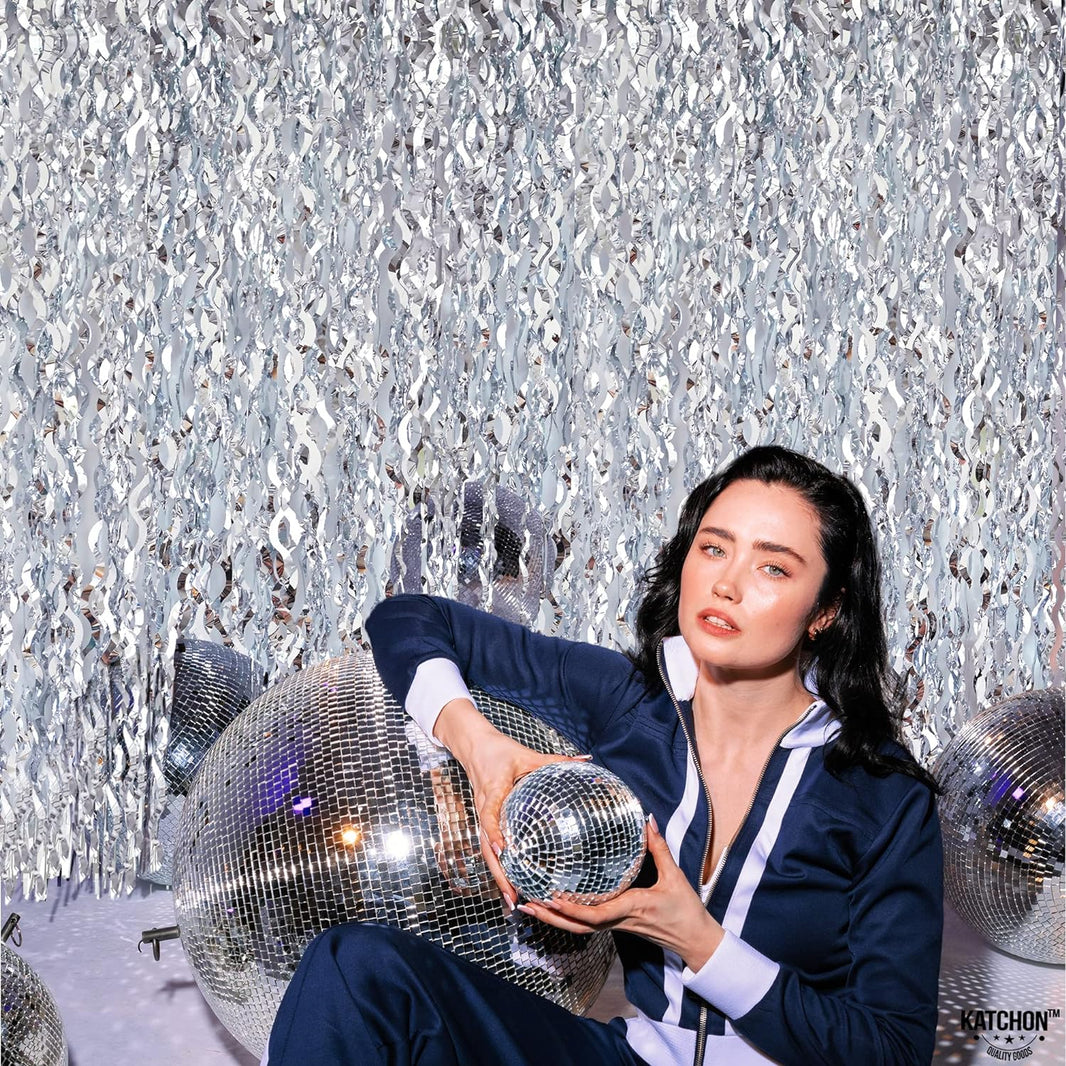 KatchOn, Wavy Silver Backdrop for Parties - 6.4x3.2 Feet, Pack of 2 | Disco Backdrop for Disco Party Decorations | Silver Fringe Backdrop for Bachelorette Party Decorations | Silver Party Decorations