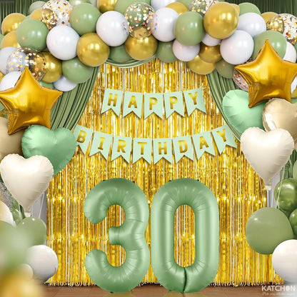 KatchOn | Sage Green 30th Birthday Decorations Set – Pack of 49 | Sage Green 30 Balloon Numbers, Star, Heart & Confetti Balloons, Gold Backdrop | 30th Sage Green Birthday Decorations for Women, Men