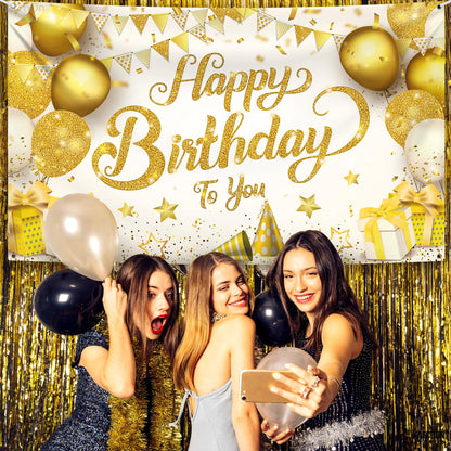 KatchOn, Gold Happy Birthday Banner - XtraLarge 72x44 Inch | Birthday Decorations for Women, Men, Boys and Girls | Hbd Banner Backdrop Gold And White Party Decoration