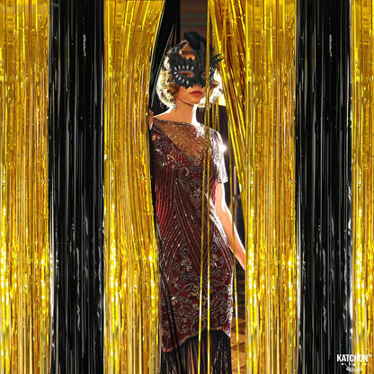 KatchOn, Xtralarge Black and Gold Streamers - 8x3.2 Feet, Pack of 2 | Black and Gold Fringe Curtain for Black and Gold Party Decorations | Black and Gold Backdrop, Graduation Decorations 2024