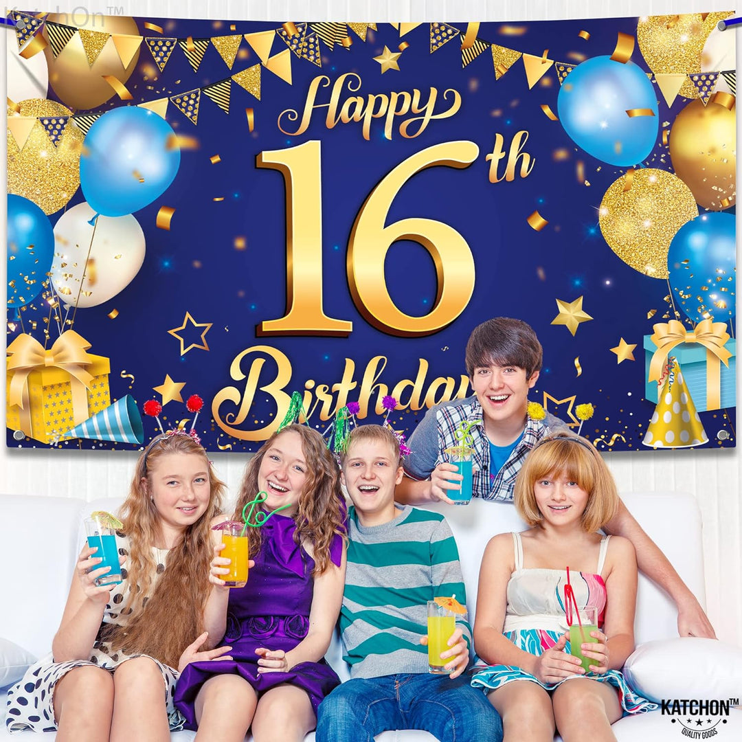 KatchOn, Blue and Gold Happy 16th Birthday Banner - XL, 72x44 Inch | Blue 16th Birthday Backdrop, 16th Birthday Party Supplies, 16 Year Old Boy Birthday Decorations, 16th Birthday Decorations for Boys