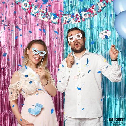 KatchOn, Large Pink and Blue Foil Fringe - 3.25x8 Feet, Pack of 2 | Girl or Boy Gender Reveal Decorations | Gender Reveal Backdrop | Gender Reveal Party Favors | Boy or Girl Backdrop