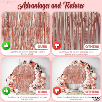 KatchOn, Rose Gold Fringe Curtain - XtraLarge 9.6x8 Feet, Pack of 3 | Rose Gold Backdrop for Birthday Party | Rose Gold Party Decorations | Rose Gold Tinsel Backdrop for Bachelorette Party Decorations