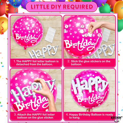 KatchOn, Huge Happy Birthday Balloon Pink Set - 23 Inch, Pack of 5 | Hot Pink Heart Balloons For Happy Birthday Decorations | Foil Balloons For Princess Party Decorations