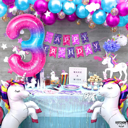 KatchOn, Rainbow Number 3 Balloon - 40 Inch, Pink Blue | 3rd Birthday Decorations for Girls | Unicorn Party Decorations, Galaxy Party decorations