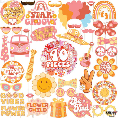 KatchOn, Two Groovy Photo Booth Props - Pack of 40, Groovy Photo Props | 60s Photo Booth Props | Retro Photo Booth Props for Two Groovy Party Decorations | Hippie Photo Booth Props for Birthday Party