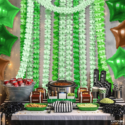 KatchOn, Green Tissue Paper Clover Garland - Pack of 12 | Green Streamers Garland for St Patricks Day Decorations, Shamrock Decorations | Birthday Decorations, Irish & Jungle Theme Party Decorations