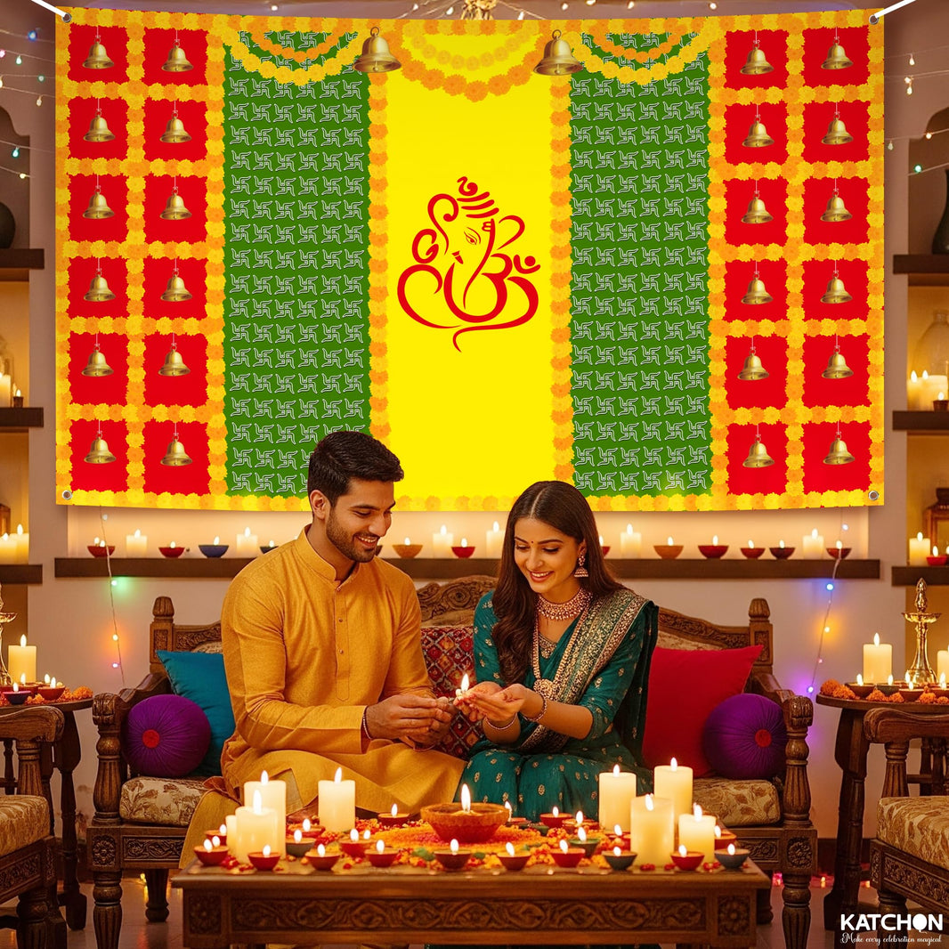 KatchOn, Indian Traditional Pooja Backdrop Decoration Cloth - 7.5×5 Feets | Ganpati Decoration Banner for Festival, Mehndi Photography, Wedding Party, Navratri Backdrop | Gruhapravesam Backdrop