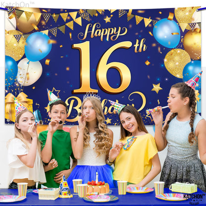 KatchOn, XtraLarge Blue and Gold Happy 16th Birthday Banner - 72x44 Inch | 16th Backdrop for Happy Birthday Decorations | Blue and Gold Party Decorations