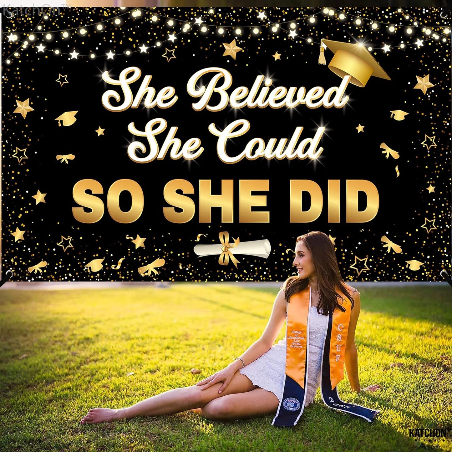 KatchOn, She Believed She Could So She Did Banner - XtraLarge, 72x44 Inch | Graduation Banner 2024 for Graduation Decorations Class of 2024 | Graduation Backdrop, 2024 Graduation Party Decorations